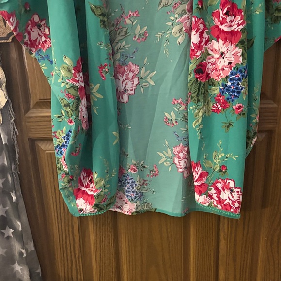 Umgee Teal Green Floral Kimono Cardigan with Pink Accents - Picture 5 of 6